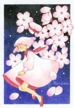 1girl cherry_blossoms chiori_n closed_eyes colored_pencil_(medium) commentary_request dress full_body night original pink_dress pink_hair short_hair solo traditional_media