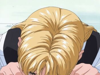 00s 1girl 2001 animated animated_gif bible_black bible_black_night_of_the_walpulgiss blonde_hair blush closed_eyes drill_hair drill_sidelocks green_eyes hug long_hair necktie red_necktie school_uniform shiraki_rika shirt sidelocks suspenders tagme