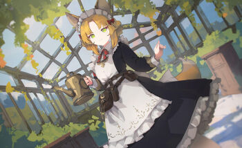 1girl animal_ears apron belt belt_pouch black_dress blonde_hair blush bow closed_mouth commentary_request crescent dress dutch_angle fox_ears fox_girl fox_tail frilled_dress frills green_eyes greenhouse hair_bow holding holding_watering_can indoors long_sleeves looking_at_viewer neck_ribbon nocras original parted_bangs pouch red_bow red_ribbon ribbon short_hair smile solo standing tail watering_can white_apron