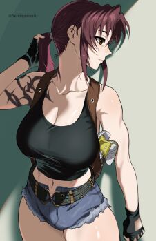 Rule 34 | 1girl, absurdres, arm tattoo, belt, black belt, black gloves, black lagoon, black tank top, blue shorts, breasts, brown eyes, brown hair, cleavage, collarbone, cowboy shot, crop top, cutoffs, denim, denim shorts, facing viewer, gloves, grey background, gun, hair intakes, handgun, harutoyumaarts, highres, holster, interracial, large breasts, looking to the side, midriff, navel, ponytail, revy (black lagoon), short shorts, shorts, shoulder holster, solo, tank top, tattoo, weapon