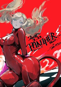 1girl arm_behind_back blonde_hair blue_eyes bodysuit breasts character_name closed_mouth commentary_request copyright_name cowboy_shot dated fake_tail floating_hair gloves hair_floating_upwards long_hair long_sleeves looking_at_viewer medium_breasts panther_(persona_5) panther_tail persona persona_5 red_background red_bodysuit s4ku signature simple_background solo tail takamaki_anne twintails