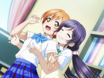 2girls ^_^ bloom blue_bow blue_bowtie blue_skirt blurry blurry_background blush bokeh book bookshelf bow bowtie breasts brown_sweater_vest closed_eyes clubroom collared_shirt curtains depth_of_field diagonal-striped_bow diagonal-striped_bowtie diagonal-striped_clothes dress_shirt dutch_angle grabbing_another&#039;s_breast grabbing_from_behind green_bow green_bowtie grin groping hair_ornament hair_scrunchie hands_up highres hoshizora_rin indoors long_hair looking_at_another looking_to_the_side love_live! love_live!_school_idol_festival_all_stars love_live!_school_idol_project low_twintails monitor multiple_girls official_art open_mouth orange_hair otonokizaka_school_uniform pink_scrunchie plaid_clothes plaid_skirt pleated_skirt purple_hair school_uniform scrunchie shirt short_hair short_sleeves skirt small_breasts smile striped_bow striped_bowtie striped_clothes summer_uniform surprised sweatdrop sweater_vest teeth tojo_nozomi twintails upper_teeth_only white_shirt wide-eyed window yellow_eyes yuri