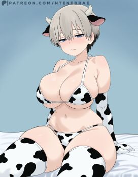 1girl absurdres animal_ears animal_print bikini blue_eyes blush breasts collarbone cow_ears cow_horns cow_print cow_print_bikini cow_print_gloves cow_print_thighhighs curvy gloves grey_hair hair_between_eyes highres horns large_breasts looking_at_viewer navel ntenebrae print_bikini print_gloves print_thighhighs self-upload short_hair solo swimsuit thick_thighs thighhighs thighs uzaki-chan_wa_asobitai! uzaki_hana
