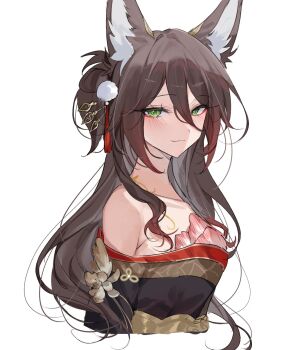 1girl animal_ears bare_shoulders black_dress breasts brown_hair closed_mouth commentary cropped_torso double-parted_bangs dress english_commentary eyeliner fox_ears fox_girl fugue_(honkai:_star_rail) green_eyes hair_between_eyes highres honkai:_star_rail honkai_(series) kjo_(kjobutcool) long_hair looking_at_viewer makeup medium_breasts red_eyeliner simple_background smile solo tingyun_(honkai:_star_rail) white_background