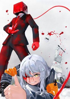 1girl 2boys arm_up black_gloves blood blood_drop blood_on_clothes blood_on_face blood_splatter bulletproof_vest collared_shirt dai_maou_akinai_(godakinai) dice dress_pants formal_clothes gloves grey_hair grey_jacket grey_pants grey_suit grin highres holding holding_weapon jacket long_hair long_sleeves lying multiple_boys necktie object_head on_stomach one_eye_closed original outdoors pants red_necktie severed_head shirt single_glove smile standing suit thumbs_up weapon white_jacket white_pants yellow_eyes