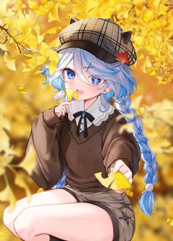 1girl alternate_costume alternate_hairstyle blue_eyes blue_hair blush braid brown_shorts brown_sweater drop-shaped_pupils furina_(genshin_impact) genshin_impact ginkgo_leaf grey_hair hat heterochromia highres holding holding_leaf ineka_ka leaf long_hair looking_at_viewer newsboy_cap open_mouth reaching reaching_towards_viewer shorts solo squatting sweater symbol-shaped_pupils twin_braids wavy_hair yellow_leaves