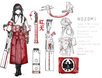 1girl absurdres armband blunt_bangs boots closed_eyes closed_mouth earmuffs gun hakama hakama_skirt headset highres holding holding_gun holding_weapon japanese_clothes kimono knife long_hair long_sleeves miko nontraditional_miko nozomi_(shiokaze1409) original pleated_skirt red_armband red_skirt shiokaze1409 simple_background skirt weapon white_background