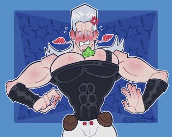 black_shirt blue_eyes blush earrings embarrassed freckles highres jean_pierre_polnareff jewelry jojo_no_kimyou_na_bouken leaning_back male_focus money muscular muscular_male pants patterned_background pectoral_cleavage pectorals shirt solo surprised tearing_up tears tooth_gap tucked_money white_hair white_pants