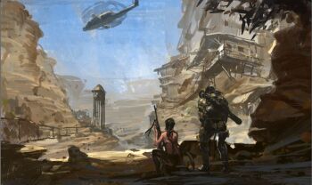 1boy 1girl aircraft back helicopter highres jeanex metal_gear_(series) metal_gear_solid_v:_the_phantom_pain quiet_(metal_gear) rocket_launcher sitting sniper venom_snake weapon