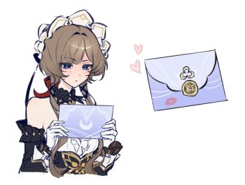 1girl bare_shoulders black_collar black_sleeves blue_eyes blush bonnet bow brown_hair closed_mouth collar crescent crescent_moon detached_collar detached_sleeves dress genshin_impact gloves hair_bow headdress heart highres holding holding_letter letter lipstick_mark long_sidelocks long_sleeves moon sandrone_(genshin_impact) short_hair_with_long_locks sidelocks simple_background solo tillmeowi wax_seal white_background white_headdress
