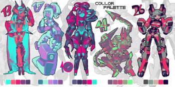 5girls asymmetrical_arms color_guide commentary_request limited_palette maon_(vava0210) mechanical_tail multiple_girls original robot_ears robot_girl smile tail wheel