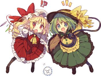 Rule 34 | !?, >:d, 2girls, :d, :o, aqua eyes, ascot, black hat, black legwear, blonde hair, blouse, blue legwear, bow, brown footwear, flandre scarlet, frilled hat, frilled shirt, frilled shirt collar, frilled skirt, frills, full body, green hair, green skirt, hat, hat bow, hat ribbon, holding hands, kedama (touhou), komeiji koishi, loafers, long hair, looking at viewer, mob cap, multiple girls, open mouth, pixel art, pointy ears, puffy short sleeves, puffy sleeves, red bow, red eyes, red skirt, red vest, ribbon, shirt, shoes, short hair, short sleeves, side ponytail, skirt, smile, third eye, touhou, transparent background, usamata, v-shaped eyebrows, vest, white hat, wide sleeves, wings, yellow ascot, yellow ribbon, yellow shirt