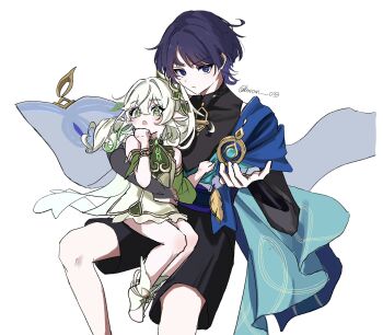 1boy 1girl anklet arm_around_another's_back armlet armor belt black_belt black_bodysuit black_bridal_gauntlets black_shorts blue_cape blunt_ends blush bodysuit bracelet bridal_gauntlets bright_pupils buran_033 cape choppy_bangs clenched_hand closed_mouth colored_tips commentary_request covered_collarbone cross-shaped_pupils detached_sleeves dress eyelashes feathers furisode gem genshin_impact gold green_dress green_eyes green_gem green_hair green_sleeves green_socks hair_intakes hair_ornament hand_on_another's_stomach hand_on_another's_waist hand_up height_difference highres japanese_armor japanese_clothes jewelry kimono kote kurokote leaf leaf_hair_ornament long_hair looking_at_viewer looking_to_the_side mandarin_collar multicolored_hair nahida_(genshin_impact) open_hand open_mouth pom_pom_(clothes) purple_eyes purple_hair purple_sash sash scaramouche_(genshin_impact) short_dress shorts shoulder_peek side_cape side_ponytail sidelocks sitting sitting_on_lap sitting_on_person socks symbol-shaped_pupils toeless_socks tsurime twitter_username wanderer_(genshin_impact) white_background white_hair white_pupils yellow_feathers