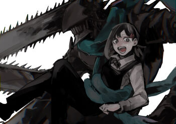 1girl 1other apron black_bow black_bowtie black_hair black_pants black_skin bow bowtie carrying chainsaw chainsaw_devil chainsaw_man collared_shirt colored_skin extra_arms facing_to_the_side hair_ornament hairclip higashiyama_kobeni highres looking_down medium_hair mole mole_under_eye mole_under_mouth nakano_(2_mannaka) open_mouth pants scared scarf sharp_teeth shirt simple_background single_sidelock spikes sweat teeth white_background white_shirt