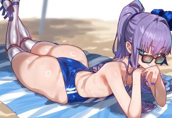 1girl absurdres ass blue_eyes blue_nails breasts ebora fate/grand_order fate_(series) female_focus highres huge_ass long_hair looking_over_eyewear looking_over_sunglasses lying meltlilith meltlilith_(swimsuit_lancer) meltryllis meltryllis_(fate) meltryllis_(swimsuit_lancer)_(fate) nail_polish on_stomach one-piece_swimsuit petite ponytail purple_hair slit_pupils small_breasts solo sunglasses swimsuit the_pose thick_thighs thighhighs thighs tinted_eyewear wide_hips youngmanisdown