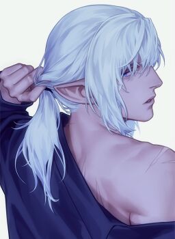 Rule 34 | 1boy, commentary, elezen, elf, english commentary, estinien varlineau, final fantasy, final fantasy xiv, from behind, grey hair, half-closed eyes, hand in own hair, looking back, low ponytail, male focus, medium hair, off shoulder, parted lips, pointy ears, ponytail, portrait, purple eyes, realistic, scar, scar on arm, scar on back, scar on neck, simple background, solo, untying, white background, zhyphenth