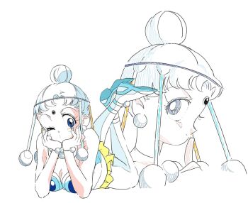 Rule 34 | amazoness quartet, bishoujo senshi sailor moon, bishoujo senshi sailor moon supers, blue eyes, blue hair, bracelet, breasts, circlet, cleavage, dual persona, earrings, forehead jewel, hair bun, jewelry, lying, on stomach, pallapalla (sailor moon), skirt, the pose, toei company