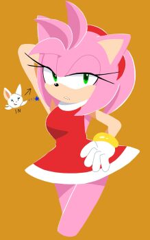 2girls amy_rose armpits bare_legs bat_(animal) bracelet chibi dress feminine gloves green_eyes hairband half-closed_eyes highres jewelry legs medium_hair multiple_girls pink_fur pink_hair possessed possession red_dress rouge_the_bat sakura_2739 seducing_viewer sega serious smile sonic_(series) white_fur white_hair