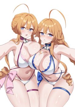 2girls absurdres ahoge azur_lane bikini blue_bikini blue_eyes blush breasts cleavage commentary_request date_a_live drill_hair hci+ highres huge_breasts lock long_hair multicolored_bikini multiple_girls navel official_alternate_costume orange_hair parted_lips pink_bikini siblings simple_background skindentation stomach swimsuit thigh_strap twins two-tone_bikini white_background white_bikini yamai_kaguya yamai_kaguya_(blue_ocean_rendezvous) yamai_yuzuru yamai_yuzuru_(blue_ocean_rendezvous)