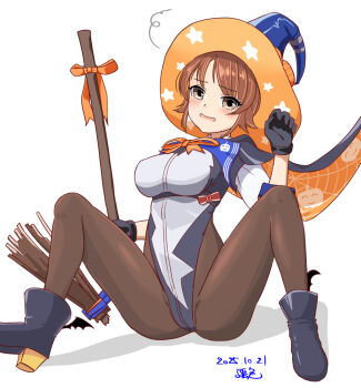 1girl akakin2012 black_cape black_gloves black_pantyhose blue_hat blue_leotard blush bow breasts broken_broom broom brown_eyes brown_hair cape commentary_request dated gloves grey_leotard halloween_costume hat highleg highleg_leotard holding holding_broom jack-o&#039;-lantern_print kantai_collection leotard looking_at_viewer m_legs medium_breasts multicolored_leotard open_mouth orange_bow orange_cape pantyhose richard_p._leary_(halloween)_(kancolle) richard_p._leary_(kancolle) short_hair simple_background sleeved_leotard spread_legs two-sided_cape two-sided_fabric two-sided_headwear two-tone_leotard white_background witch_hat