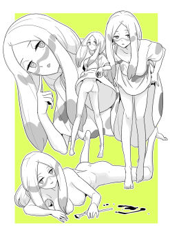 1girl absurdres ass big_hair bottomless breasts bright_pupils full_body green_background half-closed_eyes heriyama highres holding holding_paintbrush looking_at_viewer looking_back lying mina_(pokemon) monochrome nintendo nipples non-web_source nude on_stomach open_mouth oversized_clothes oversized_shirt paint_in_hair paint_splatter paint_splatter_on_face paintbrush pokemon pokemon_sm shirt smile solo spread_pussy standing t-shirt tongue tongue_out upskirt