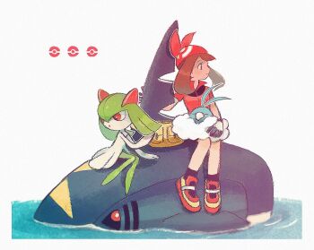 1girl bag bandana blue_eyes brown_hair closed_eyes closed_mouth collared_shirt gen_3_pokemon kirlia looking_to_the_side may_(pokemon) nata_(mmgt_nn) nintendo on_lap partially_submerged pokemon pokemon_(creature) pokemon_rse popped_collar red_bandana red_eyes red_shirt sharpedo shirt shoes short_sleeves smile sneakers solo swablu water white_background