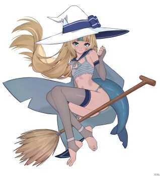 1girl absurdres alternate_costume aqua_eyes ass bare_shoulders blonde_hair blue_bow blue_bra blue_hair blue_nails blue_neckerchief blue_panties blue_sailor_collar blunt_bangs bow bra broom broom_riding closed_mouth elbow_gloves feet fingerless_gloves fins fish_tail flat_chest frilled_sailor_collar frills gloves grey_gloves grey_thighhighs hashtag-only_commentary hat hat_bow highres indie_virtual_youtuber long_hair looking_at_viewer multicolored_hair nail_polish navel neckerchief panties ribs sailor_collar sameko_saba side-tie_panties sidesaddle simple_background smile solo stirrup_legwear stomach streaked_hair striped_bra striped_clothes tail thighhighs thighs toeless_legwear toenail_polish toenails toes two-tone_bra underwear v-shaped_eyebrows very_long_hair virtual_youtuber white_background white_bra witch_hat x_xith_x