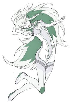 1girl boots breasts closed_eyes colored_inner_hair fate/grand_order fate_(series) fgolz7l full_body green_hair grey_hair hand_in_own_hair highres kukulkan_(fate) kukulkan_(second_ascension)_(fate) long_hair medium_breasts multicolored_hair sharp_teeth teeth thigh_boots very_long_hair white_background