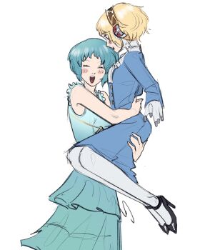 2girls absurdres aigis_(persona) android aqua_dress aqua_hair arm_around_waist bare_shoulders black_shoes blonde_hair blue_dress blue_eyes blush closed_eyes commentary dress english_commentary feet_out_of_frame from_side full_body gold_hairband hairband hand_on_another&#039;s_thigh high_heels highres layered_dress lifting_person long_sleeves looking_at_another mechanical_hands mechanical_legs multiple_girls open_mouth persona persona_3 robot_ears shoes short_hair simple_background sketch sleeveless sleeveless_dress smile upper_body white_background xeeoh yamagishi_fuuka yuri