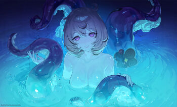 1girl absurdres blonde_hair breasts collarbone commentary commentary_request english_commentary fingernails guest_art hand_up highres large_breasts looking_at_viewer medium_hair mixed-language_commentary mole mole_under_mouth monoco55 monster_girl nail_polish nude parted_lips partial_commentary partially_submerged purple_eyes purple_nails ringed_eyes scylla smile solo tentacles water wet yidhari_murphy zenless_zone_zero