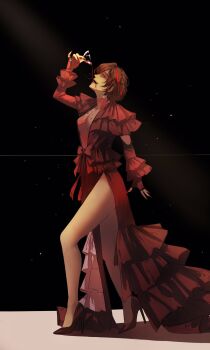 1girl breasts brown_hair commentary cup dress drinking_blood drinking_glass english_commentary frilled_sleeves frills glowing glowing_eyes high_heels highres hvcassini98 la_manchaland_(identity)_(project_moon) limbus_company long_dress looking_at_viewer medium_breasts multicolored_hair outis_(project_moon) pantyhose project_moon red_dress red_eyes red_hair red_shoes see-through_clothes shoes short_hair solo spotlight turtleneck turtleneck_dress two-tone_hair white_pantyhose wine_glass