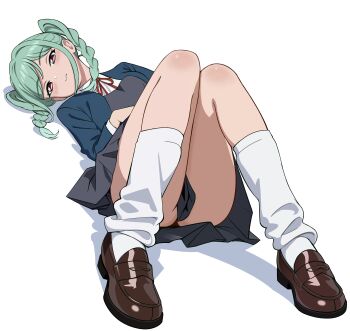 1girl absurdres blazer braid commentary_request green_hair highres jacket loafers looking_at_viewer loose_socks love_live! love_live!_superstar!! lying on_back onitsuka_tomari open_mouth pleated_skirt red_eyes shirt shoes skirt socks solo teeth twin_braids white_shirt white_socks zaofeng