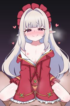 1boy 1girl absurdres blush commission flat_chest frills heart hetero highres loli long_hair nipples original pixiv_commission pointy_ears pov smile straddling zing_(z_z_zing)