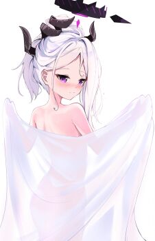 1girl absurdres ass black_halo black_horns blue_archive blush censored clover_dot_(clov_erd) completely_nude curled_horns demon_girl demon_horns flat_chest from_behind hair_tied halo highres hina_(blue_archive) horns loli looking_at_viewer looking_back modeling nude nude_modeling pink_hair see-through_clothes see-through_shawl shawl shoulder_blades sidelocks simple_background solo sweat teasing white_background white_hair white_shawl