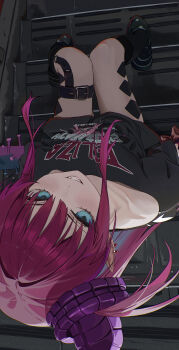 1girl absurdres auguste black_shirt black_socks blue_eyes breasts clenched_teeth dragon_girl dragon_horns dragon_tail ear_piercing elizabeth_bathory_(fate) elizabeth_bathory_(perfect)_(first_ascension)_(fate) fate/grand_order fate_(series) from_above highres horns long_hair looking_at_viewer piercing pink_hair pointy_ears revision sharp_teeth shirt sitting sitting_on_stairs small_breasts socks solo stairs tail teeth thigh_strap