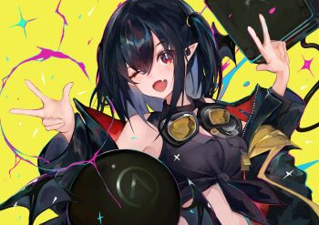 1girl ;d absurdres arknights arms_up bare_shoulders black_choker black_hair black_tank_top breasts choker closure_(act_iii)_(arknights) closure_(arknights) commentary_request crop_top double_w eyewear_around_neck fang front-tie_top hair_between_eyes hair_tie highres jacket lambda_(arknights) medium_breasts medium_hair midriff one_eye_closed one_side_up open_clothes open_jacket open_mouth pointy_ears red_eyes sidelocks skin_fang smile solo talz tank_top tinted_eyewear w wide_sleeves yellow-tinted_eyewear yellow_background