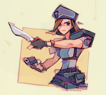 1girl artist_name beret black_gloves blue_eyes blue_hat blue_shirt brown_hair combat_knife commentary english_commentary fingerless_gloves gloves gun handgun hat holding holding_gun holding_weapon jill_valentine knife michaelfirman resident_evil resident_evil_1 shirt shoulder_pads weapon