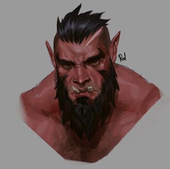1boy absurdres back_hair bara beard black_hair broken_tusk chest_hair colored_skin cropped_torso facial_hair frown full_beard highres huge_eyebrows long_beard looking_at_viewer male_focus mature_male monster_boy muscular muscular_male orc orcs original pectorals red_skin rodrigodraws scar_on_head short_hair solo thick_beard tusks undercut