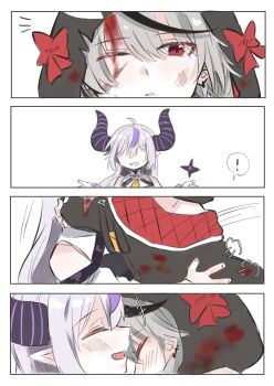 ... 2girls absurdres alt_text black_jacket black_streaks blood blood_on_clothes blue_eyes blush bow closed_eyes commentary_request fang grey_hair highres hololive hood hood_up horns jacket la+_darknesss multiple_girls one_eye_closed pointy_ears purple_hair purple_streaks red_bow red_eyes sakamata_chloe smile spoken_ellipsis tora_(nanamiiill) virtual_youtuber yuri
