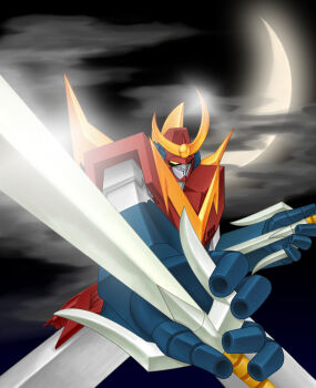 1970s_(style) cloud crescent_moon mecha moon muteki_choujin_zambot_3 night no_humans oldschool psi retro_artstyle robot super_robot weapon zambot_3 zero_jager