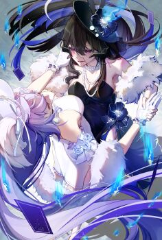 2girls absurdres bare_shoulders bead_necklace beads black_dress black_hair black_hat black_swan_(honkai:_star_rail) black_swan_(recollection)_(honkai:_star_rail) black_veil blue_fire blush breasts chinese_commentary cleavage commentary_request dancing dress feather_boa fire flower from_above gloves hat hat_flower highres honkai:_star_rail honkai_(series) jewelry jingxinzhiyun large_breasts long_hair looking_at_another mole mole_under_eye multiple_girls necklace official_alternate_costume parted_lips purple_dress purple_eyes purple_hair smile strapless strapless_dress the_dahlia_(honkai:_star_rail) the_dahlia_(recollection)_(honkai:_star_rail) veil very_long_hair white_gloves