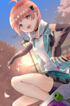 1girl :d absurdres ahoge bare_shoulders bicycle bike_shorts bike_shorts_under_skirt black_choker black_gloves black_shorts black_sleeves blue_sky blush breasts brown_hair cherry_blossoms choker day detached_sleeves drawstring elbow_gloves feet_out_of_frame fingerless_gloves gloves green_skirt green_vest hair_ornament hairclip heaven_burns_red highres hood hood_down hoodie jacket lamppost long_sleeves looking_at_viewer midorinokomame miniskirt ooshima_minori open_clothes open_jacket open_mouth outdoors outstretched_arm petals pink_eyes pink_hair pleated_skirt red_eyes short_hair short_shorts shorts shorts_under_skirt sitting skateboard skirt sky sleeveless sleeveless_hoodie sleeveless_jacket sleeves_past_wrists smile solo sunset teeth unworn_eyewear upper_teeth_only vest white_hoodie