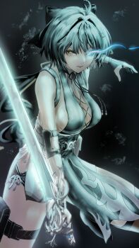 1girl absurdres ahoge bare_shoulders breasts cleavage colored_inner_hair commentary_request cross-laced_clothes cross-laced_dress cross-laced_top female_rover_(wuthering_waves) gloves glowing glowing_eye hair_ornament hairclip highres holding holding_sword holding_weapon kanicoro large_breasts low_ponytail micro_shorts multicolored_hair parallel_hairclips partially_fingerless_gloves ponytail pouch rover_(wuthering_waves) shorts sword thigh_pouch thigh_strap weapon wuthering_waves yellow_eyes