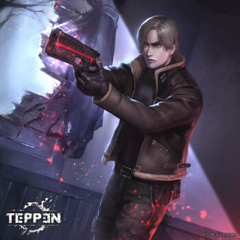1boy aiming black_shirt blonde_hair boarded_windows broken_window capcom curtains dead_tree fingerless_gloves fur_trim gloves grey_eyes gun handgun highres jacket leon_s._kennedy moonlight night official_art open_clothes open_jacket peperon_(peperou) pistol resident_evil resident_evil_4 shirt short_hair teppen tree weapon window