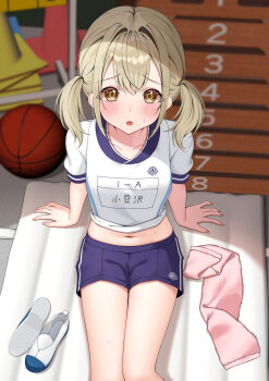 1girl :o arm_support arms_at_sides azusawa_kohane ball basketball_(object) blue_shorts blush brown_eyes brown_hair charl2837 commentary_request double-parted_bangs feet_out_of_frame from_above gym_shirt gym_shorts gym_uniform highres looking_at_viewer looking_up midriff navel parted_lips project_sekai raised_inner_eyebrows shirt shoes short_shorts short_sleeves short_twintails shorts sitting solo sweat twintails unworn_shoes white_shirt