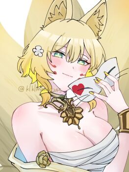 1girl aglaea_(honkai:_star_rail) alternate_costume animal_ear_fluff animal_ears bandages bare_shoulders blonde_hair blush bracelet breasts chest_sarashi cleavage facial_mark flower fox_ears green_eyes hair_flower hair_ornament heart honkai:_star_rail honkai_(series) jewelry kemonomimi_mode klklmomo2245 large_breasts looking_at_viewer nail_polish off_shoulder sarashi short_hair smile solo upper_body whisker_markings white_flower yellow_nails