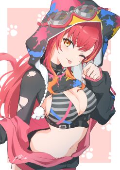 1girl :3 black_jacket border bra breasts cleavage goggles goggles_on_headwear highres hood hood_up jacket large_breasts long_hair looking_at_viewer midriff navel nekota_tsuna nekota_tsuna_(1st_costume) off_shoulder okishiro one_eye_closed orange_eyes outside_border partially_open_jacket pink_background red_hair shrug_(clothing) solo striped_bra striped_clothes tongue tongue_out torn_clothes underwear virtual_youtuber vspo! white_border