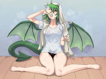 1girl absurdres against_wall ahoge barefoot black_panties bottle commentary_request dra_combo draco_centauros dragon_girl dragon_horns dragon_tail dragon_wings drinking green_hair green_tail green_wings hair_between_eyes highres holding holding_towel horns kneeling leaning looking_at_viewer madou_monogatari milk milk_bottle monster_girl panties pointy_ears puyopuyo see-through_clothes shirt slit_pupils solo steaming_body sweat tail towel towel_on_head underwear white_shirt wings wooden_floor yellow_eyes