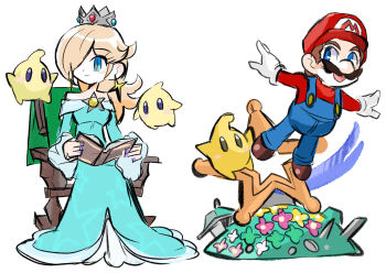 1boy 1girl :d absurdres blonde_hair blue_dress blue_overalls book brooch brown_hair brown_shoes chair closed_mouth crown dress earrings facial_hair full_body gloves hair_over_one_eye hat highres holding holding_book jewelry launch_star_(mario) long_hair long_sleeves luma_(mario) mario mario_(series) mustache nintendo off-shoulder_dress off_shoulder on_chair open_book open_mouth overalls purple_nails rakugaki_shitagari-ya red_hat red_shirt rosalina shirt shoes short_hair sitting smile star_(symbol) star_brooch star_earrings star_print super_mario_galaxy white_gloves witch