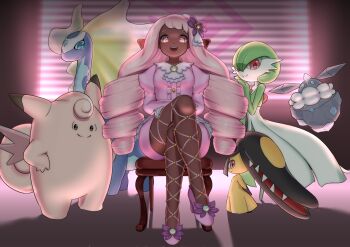 1other 2girls arms_behind_back aurorus backlighting big_hair black_eyes black_hair black_skin blue_eyes blue_gemstone bob_cut breasts bright_pupils brooch carbink center_frills chair clefable closed_mouth collarbone colored_skin crossed_legs dark-skinned_female dark_skin dinosaur dress drill_hair extra_mouth flat_chest floating forehead_jewel frills full_body gardevoir gem gen_1_pokemon gen_3_pokemon gen_6_pokemon gloves green_hair green_skin hair_between_eyes hair_ornament hand_up hands_on_own_hips happy heart heart_in_eye high_heels holographic_monitor indoors jacinthe_(pokemon) jewelry juliet_sleeves legs long_hair long_sleeves looking_at_viewer mawile mega_stone multicolored_skin multiple_girls nanazerogoichi nintendo on_chair open_mouth pink_dress pink_hair pink_shoes pokemon pokemon_(creature) pokemon_legends:_z-a puffy_sleeves purple_eyes red_eyes ring sharp_teeth shoes short_dress short_hair sidelocks sitting small_breasts smile split_mouth standing straight-on symbol_in_eye teeth twin_drills two-tone_skin very_long_hair white_gloves white_pupils white_skin yellow_skin